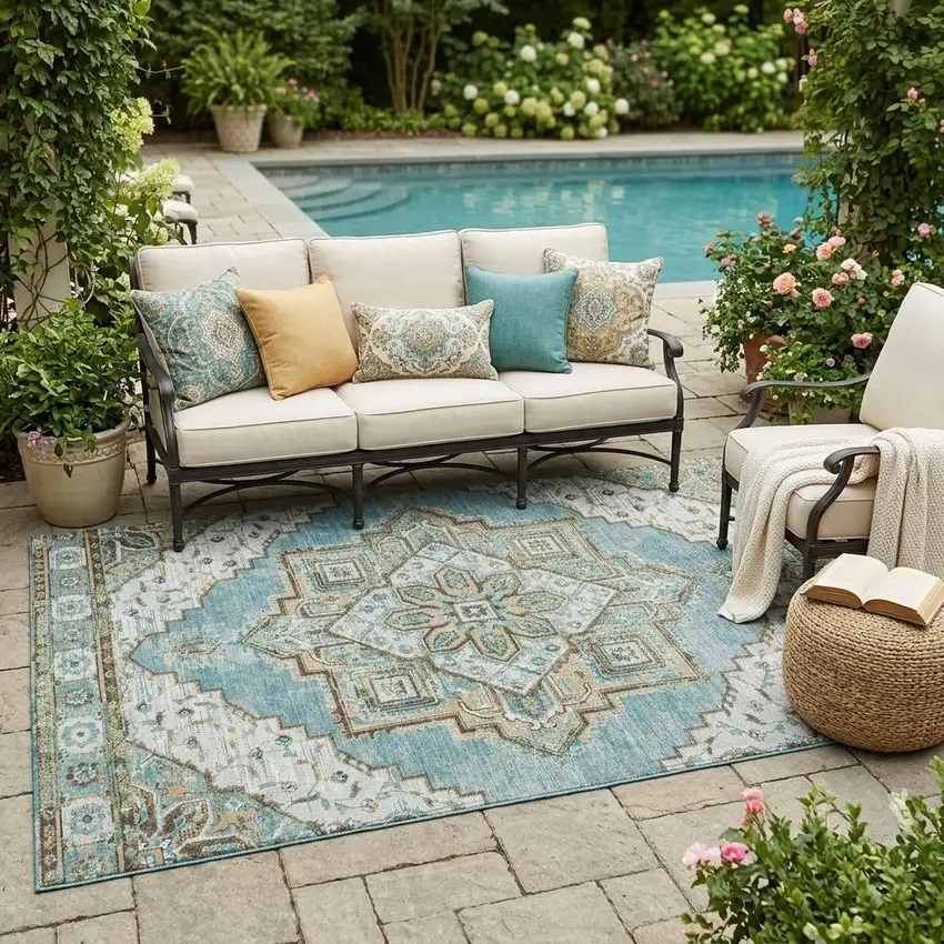 Teal Blue And Graphite Oriental Washable Indoor Outdoor Area Rug Photo 1