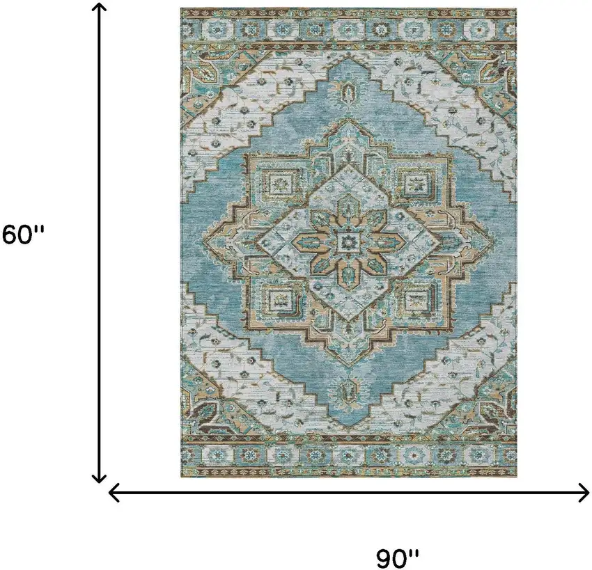 Teal Blue And Graphite Oriental Washable Indoor Outdoor Area Rug Photo 7