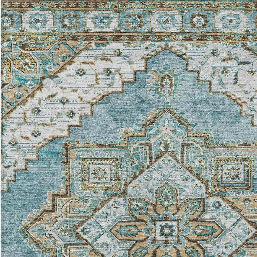 Teal Blue And Graphite Oriental Washable Indoor Outdoor Area Rug Photo 3