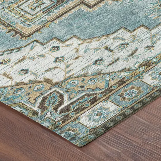 Teal Blue And Graphite Oriental Washable Indoor Outdoor Area Rug Photo 5