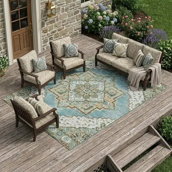 Teal Blue And Graphite Oriental Washable Indoor Outdoor Area Rug Photo 1