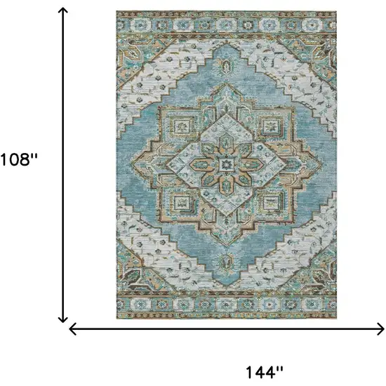 Teal Blue And Graphite Oriental Washable Indoor Outdoor Area Rug Photo 7