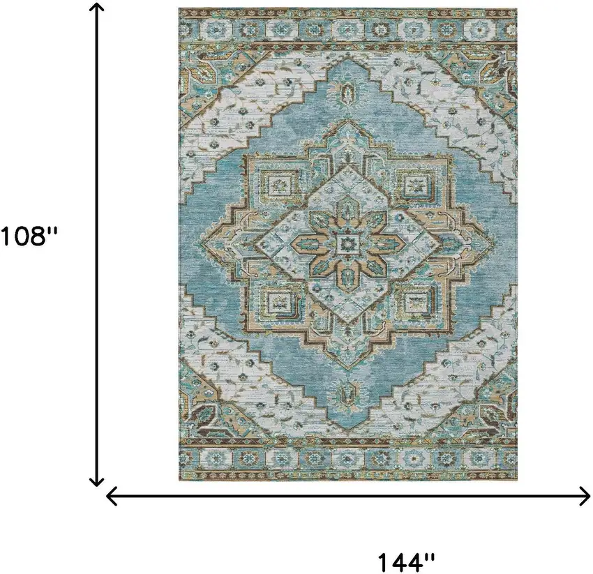 Teal Blue And Graphite Oriental Washable Indoor Outdoor Area Rug Photo 7