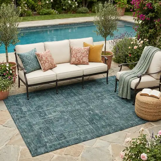 Teal Blue And Graphite Oriental Washable Indoor Outdoor Area Rug Photo 1