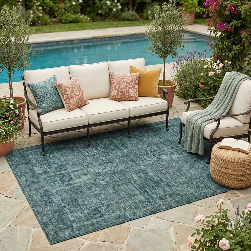 Teal Blue And Graphite Oriental Washable Indoor Outdoor Area Rug Photo 1