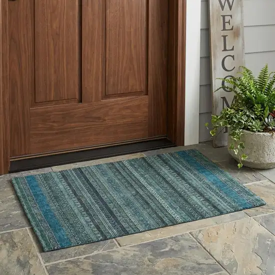 Teal Blue And Graphite Striped Washable Indoor Outdoor Area Rug Photo 1