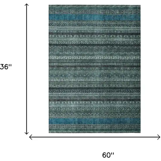 Teal Blue And Graphite Striped Washable Indoor Outdoor Area Rug Photo 6