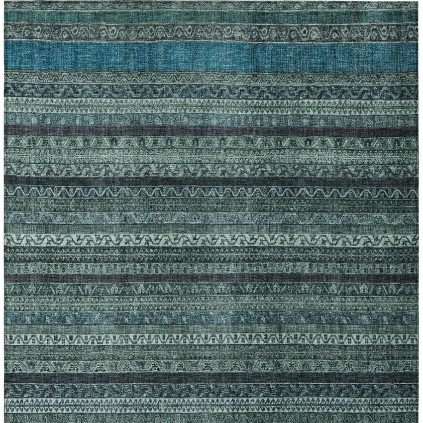 Teal Blue And Graphite Striped Washable Indoor Outdoor Area Rug Photo 4