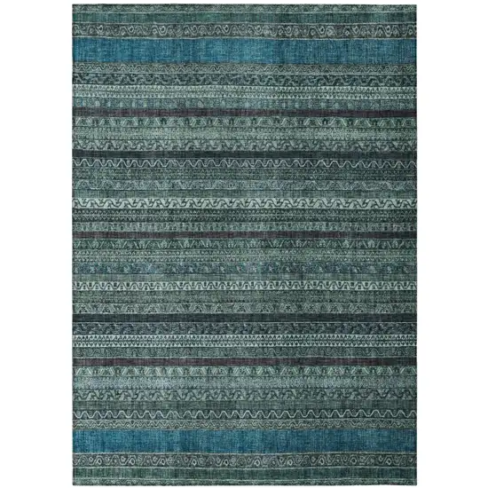 Teal Blue And Graphite Striped Washable Indoor Outdoor Area Rug Photo 2