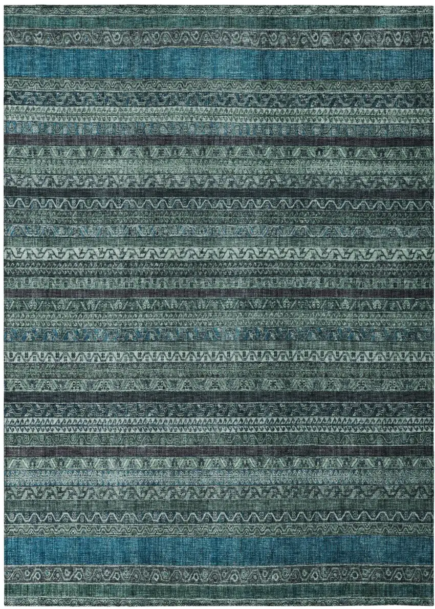 Teal Blue And Graphite Striped Washable Indoor Outdoor Area Rug Photo 2