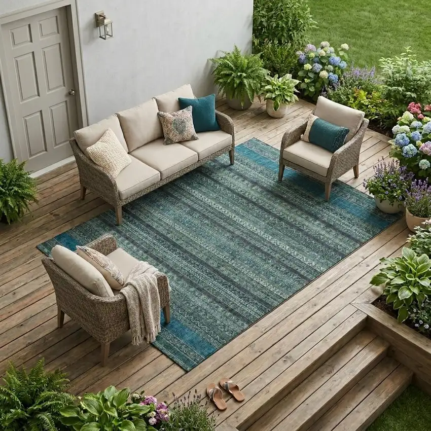 Teal Blue And Graphite Striped Washable Indoor Outdoor Area Rug Photo 1