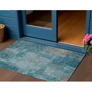 Photo of Teal Blue And Gray Abstract Washable Indoor Outdoor Area Rug