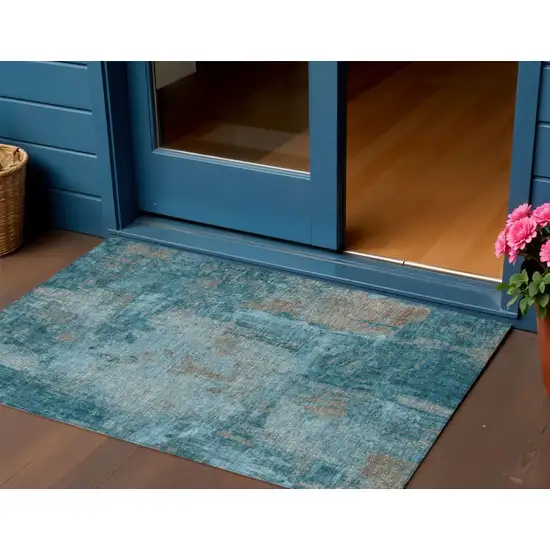 Teal Blue And Gray Abstract Washable Indoor Outdoor Area Rug Photo 1