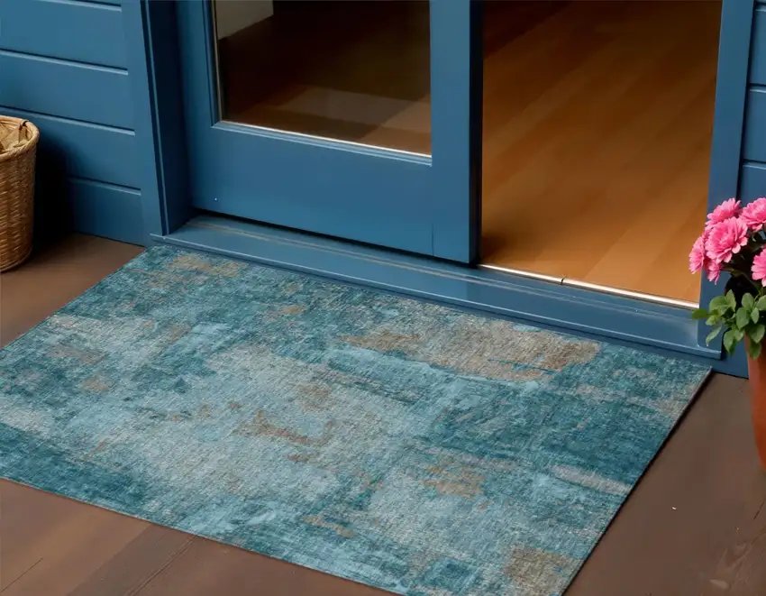 Teal Blue And Gray Abstract Washable Indoor Outdoor Area Rug Photo 1