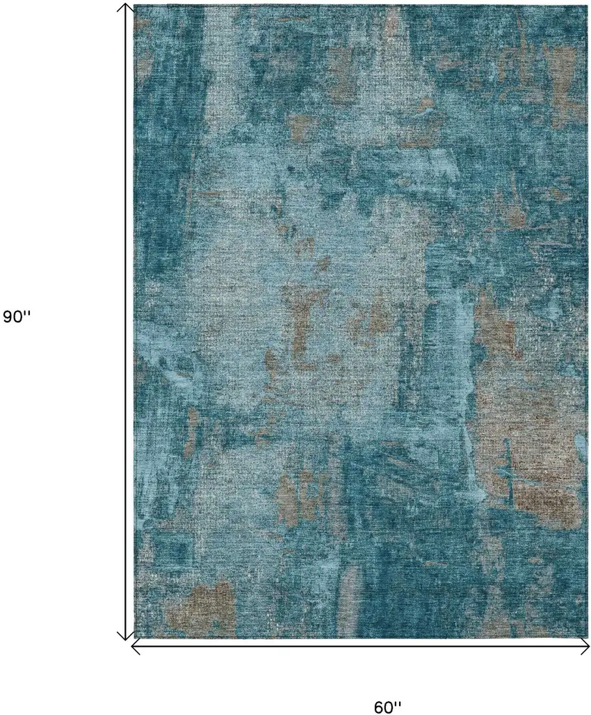 Teal Blue And Gray Abstract Washable Indoor Outdoor Area Rug Photo 6