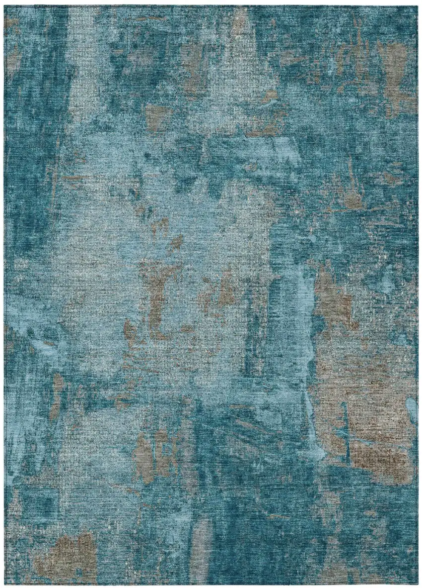 Teal Blue And Gray Abstract Washable Indoor Outdoor Area Rug Photo 2