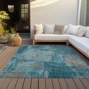 Photo of Teal Blue And Gray Abstract Washable Indoor Outdoor Area Rug