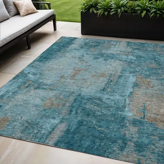 Teal Blue And Gray Abstract Washable Indoor Outdoor Area Rug Photo 1