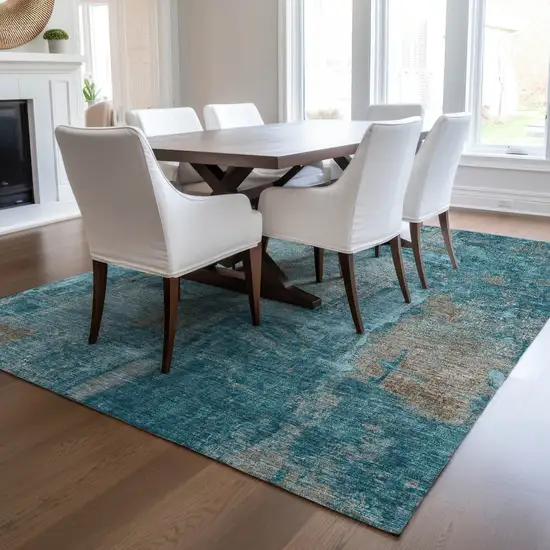 Teal Blue And Gray Abstract Washable Indoor Outdoor Area Rug Photo 9