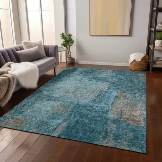 Teal Blue And Gray Abstract Washable Indoor Outdoor Area Rug Photo 8