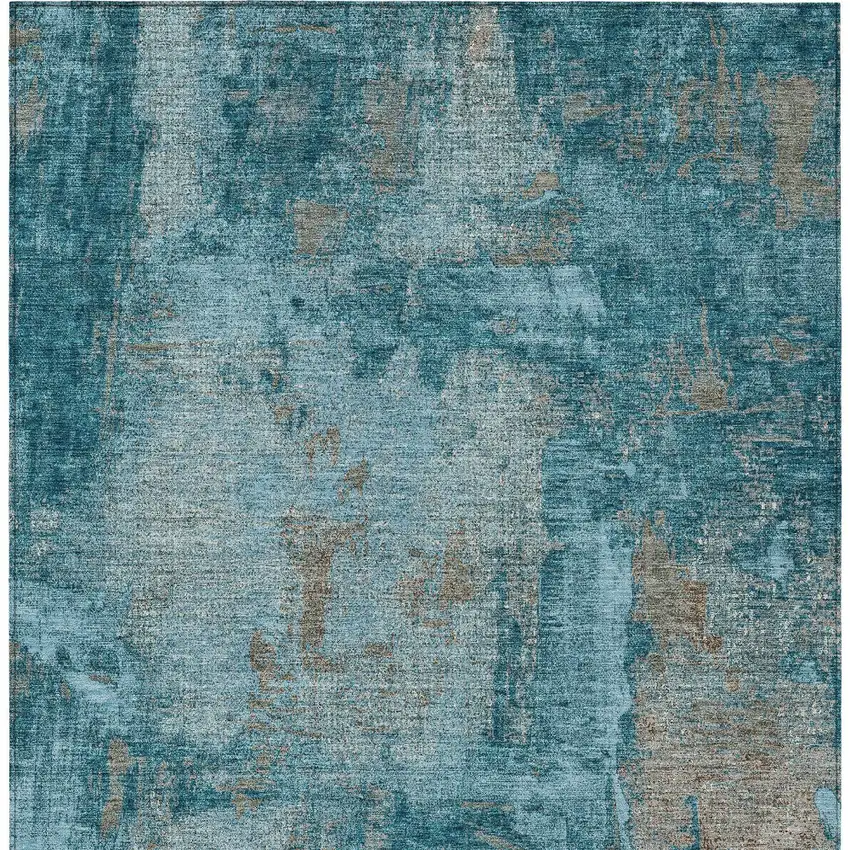 Teal Blue And Gray Abstract Washable Indoor Outdoor Area Rug Photo 5