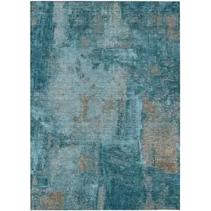 Photo of Teal Blue And Gray Abstract Washable Indoor Outdoor Area Rug
