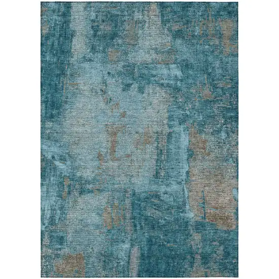 Teal Blue And Gray Abstract Washable Indoor Outdoor Area Rug Photo 2