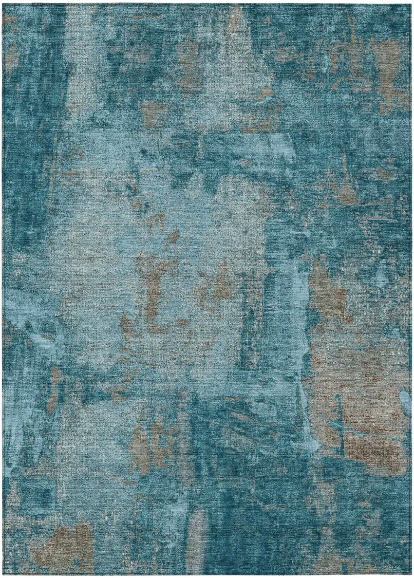 Teal Blue And Gray Abstract Washable Indoor Outdoor Area Rug Photo 2