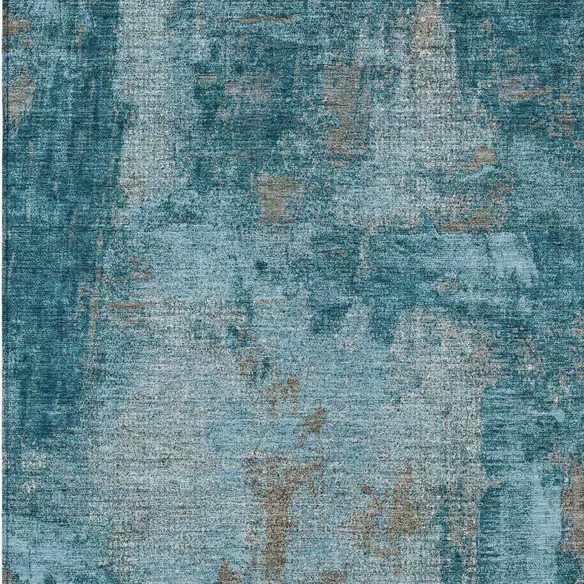 Teal Blue And Gray Abstract Washable Indoor Outdoor Area Rug Photo 5