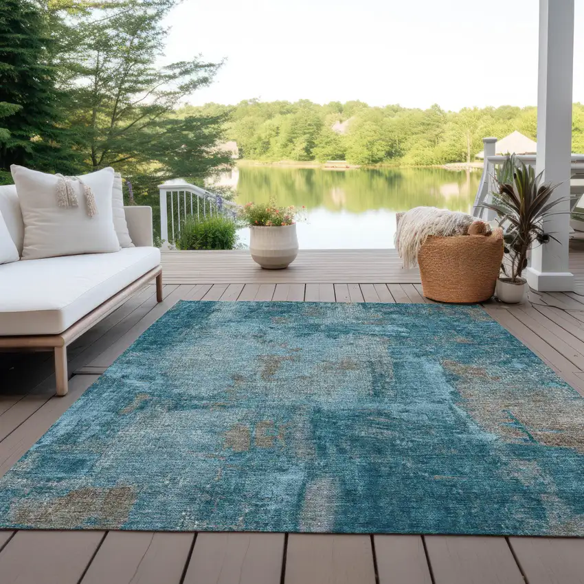 Teal Blue And Gray Abstract Washable Indoor Outdoor Area Rug Photo 9