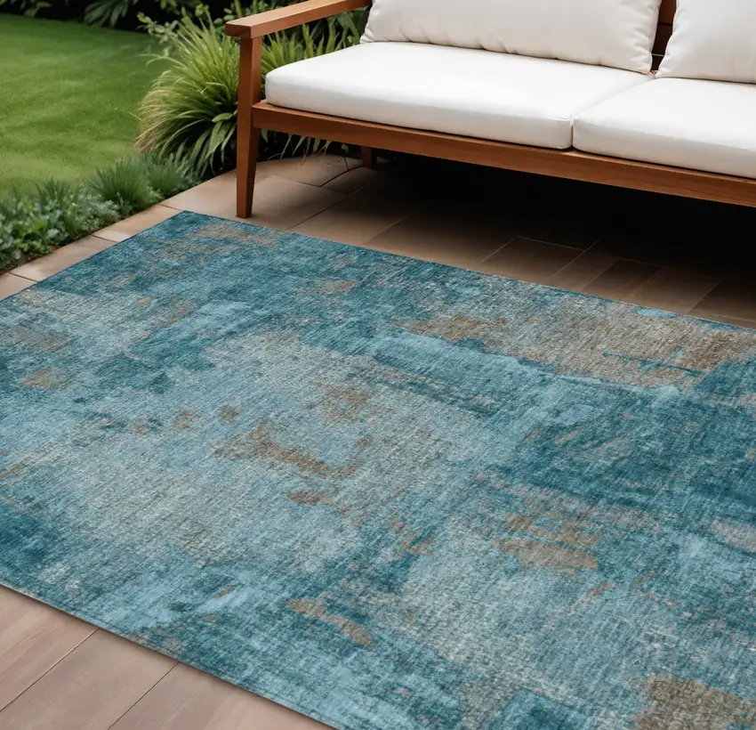 Teal Blue And Gray Abstract Washable Indoor Outdoor Area Rug Photo 1