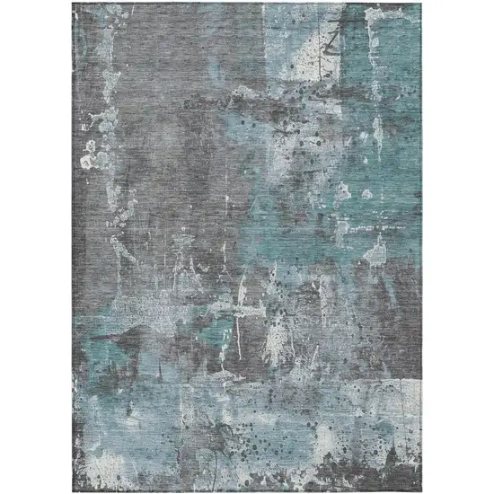 Teal Blue And Gray Abstract Washable Indoor Outdoor Area Rug Photo 7