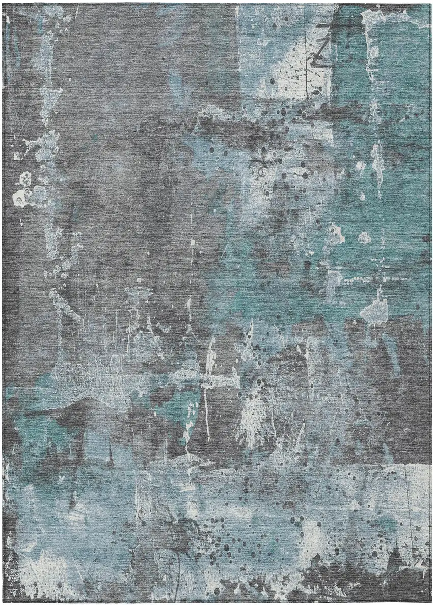 Teal Blue And Gray Abstract Washable Indoor Outdoor Area Rug Photo 7