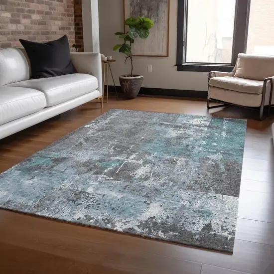 Teal Blue And Gray Abstract Washable Indoor Outdoor Area Rug Photo 4