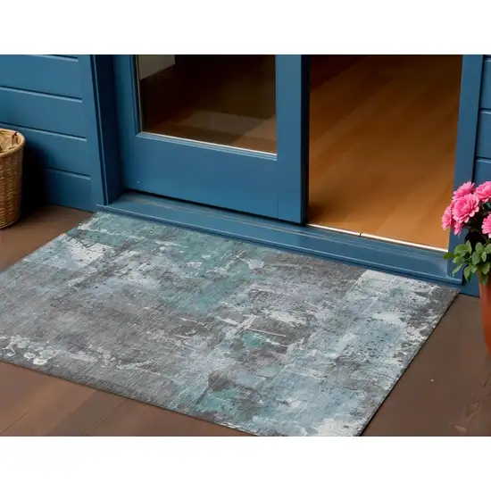 Teal Blue And Gray Abstract Washable Indoor Outdoor Area Rug Photo 2