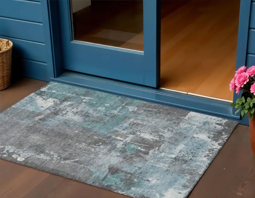 Teal Blue And Gray Abstract Washable Indoor Outdoor Area Rug Photo 2