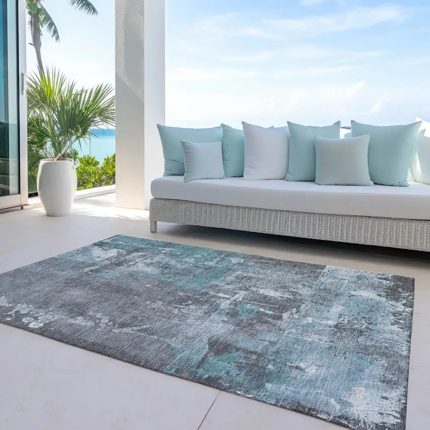 Teal Blue And Gray Abstract Washable Indoor Outdoor Area Rug Photo 3