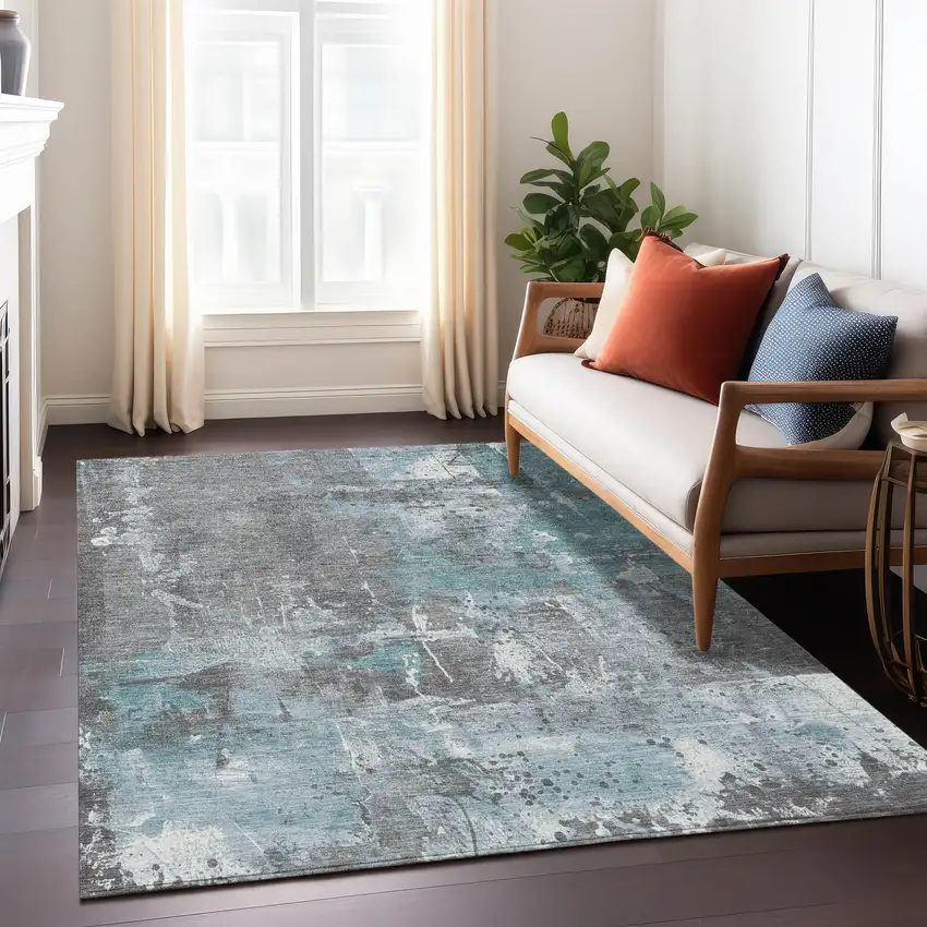 Teal Blue And Gray Abstract Washable Indoor Outdoor Area Rug Photo 5