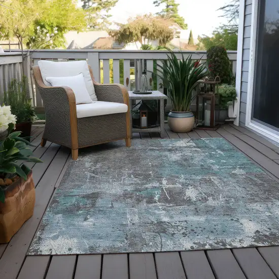 Teal Blue And Gray Abstract Washable Indoor Outdoor Area Rug Photo 6