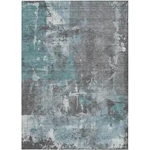Photo of Teal Blue And Gray Abstract Washable Indoor Outdoor Area Rug