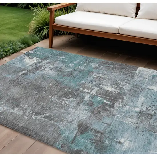 Teal Blue And Gray Abstract Washable Indoor Outdoor Area Rug Photo 2