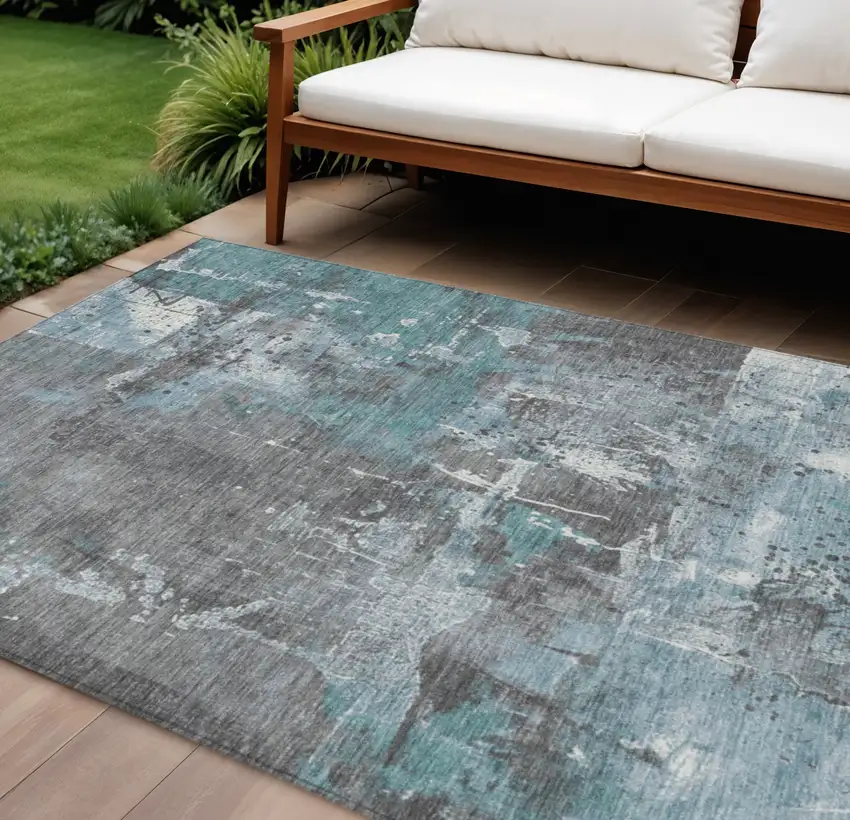 Teal Blue And Gray Abstract Washable Indoor Outdoor Area Rug Photo 2