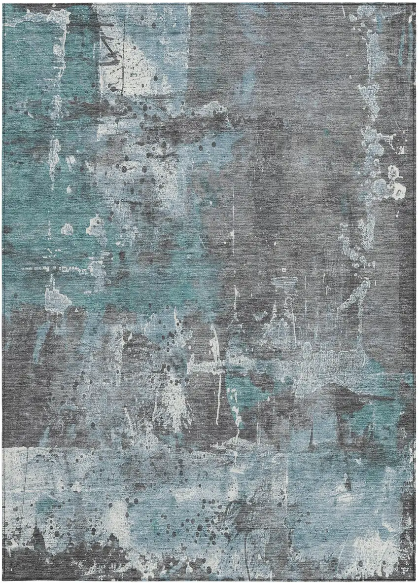 Teal Blue And Gray Abstract Washable Indoor Outdoor Area Rug Photo 1