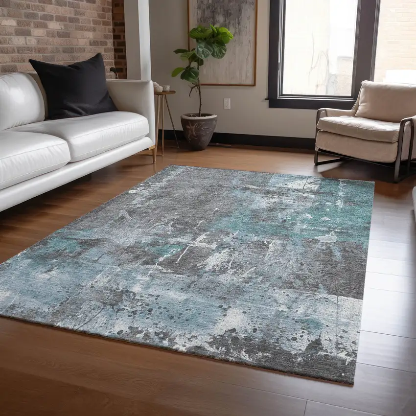Teal Blue And Gray Abstract Washable Indoor Outdoor Area Rug Photo 5