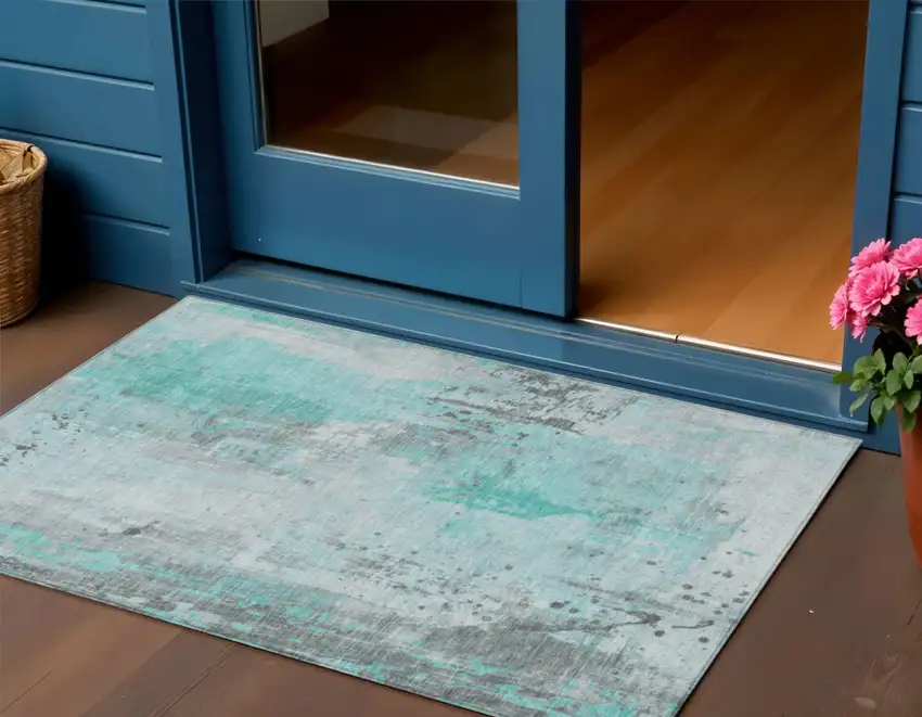 Teal Blue And Gray Abstract Washable Indoor Outdoor Area Rug Photo 2