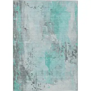 Photo of Teal Blue And Gray Abstract Washable Indoor Outdoor Area Rug