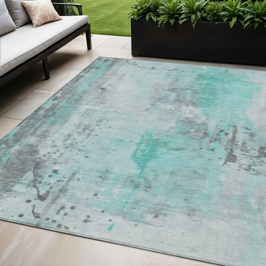 Teal Blue And Gray Abstract Washable Indoor Outdoor Area Rug Photo 2