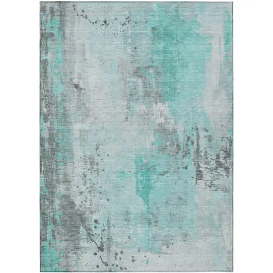 Teal Blue And Gray Abstract Washable Indoor Outdoor Area Rug Photo 1