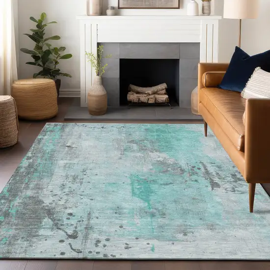 Teal Blue And Gray Abstract Washable Indoor Outdoor Area Rug Photo 6