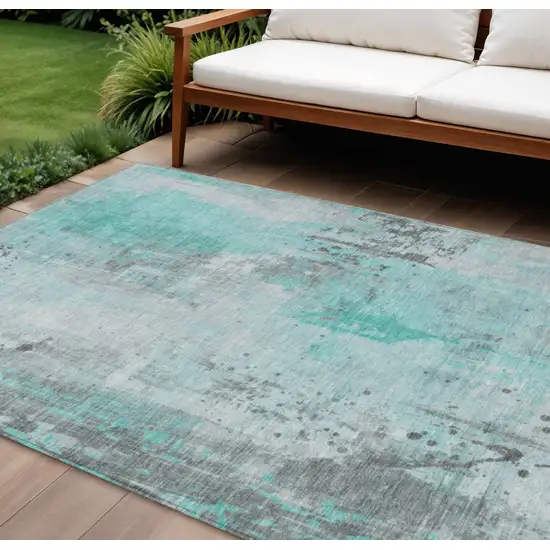Teal Blue And Gray Abstract Washable Indoor Outdoor Area Rug Photo 2